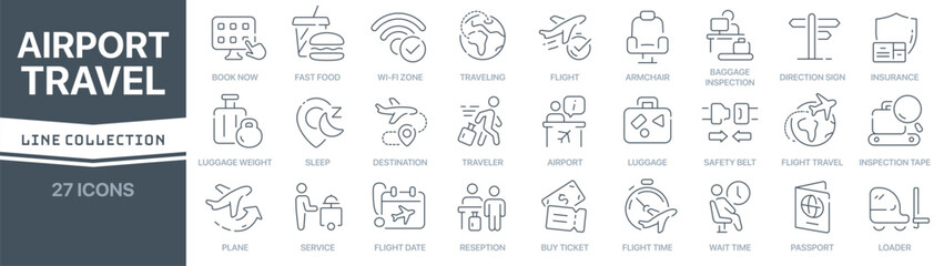 Airport and travel linear signed icon collection. Signed thin line icons collection. Set of airport and travel simple outline icons