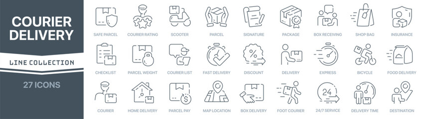 Courier and delivery linear signed icon collection. Signed thin line icons collection. Set of courier and delivery simple outline icons