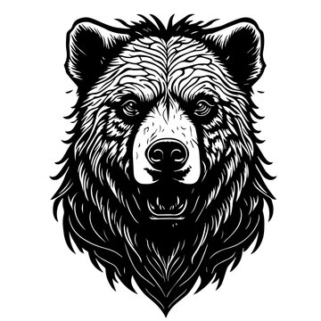 Tattoo style rage wild bear head front view logo emblem, heraldry, lines, black and white, isolated, branding, sign	