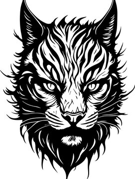 Tattoo style rage cat head front view logo emblem, heraldry, lines, black and white, isolated, branding, sign	