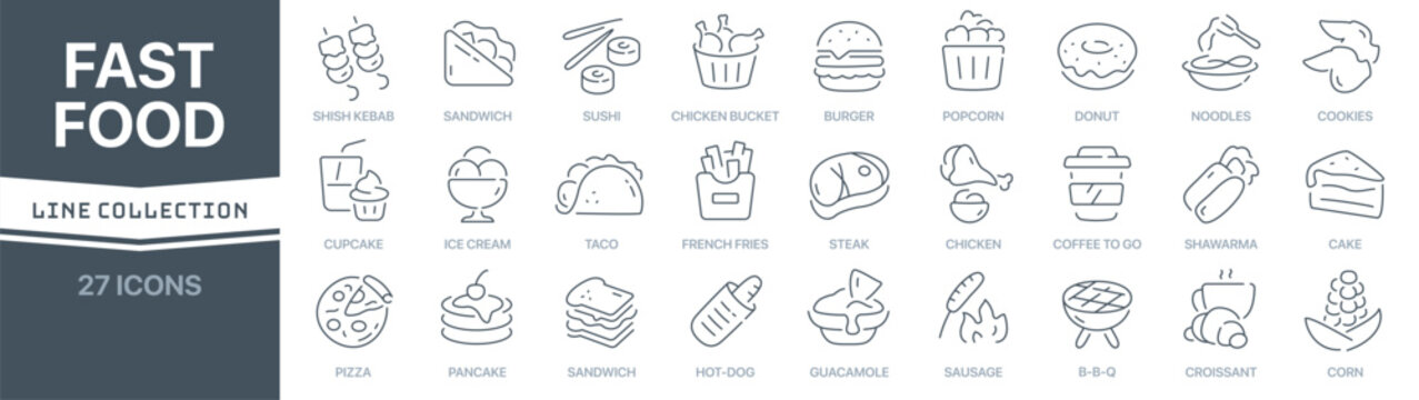 Fast food linear signed icon collection. Signed thin line icons collection. Set of fast food simple outline icons
