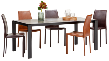 dining table is surrounded by chairs. There is a vase of flowers, a glass of water isolated transparent background 