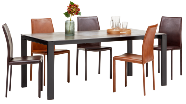 dining table is surrounded by chairs. There is a vase of flowers, a glass of water isolated transparent background 