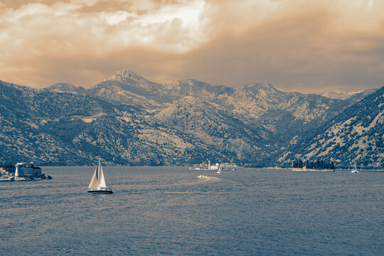  Beautiful Mediterranean landscape. View of Bay of Kotor near Verige Strait. Montenegro, Adriatic Sea. Toned image