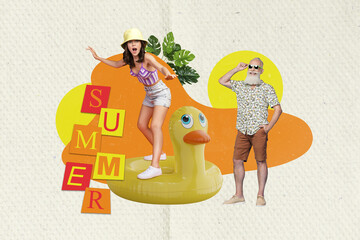 Creative artwork collage painting of cool funky couple enjoying vacation riding duck circle isolated drawing background