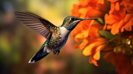 A hummingbird is flying next to a flower .AI generative