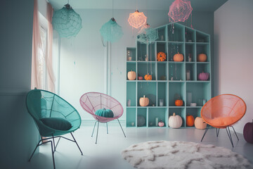 AI generative Halloween display in pastel colors, mint green, orange and pink. Cute sitting room with decorations on shelf