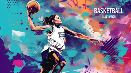 Realistic silhouette of a basketball player. Woman in action isolated on copy space background. Generative Ai illustration