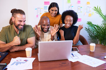 Four young members of tech start up join video call, group meeting, smiling
