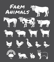 Domestic farm animals solid silhouette illustrations. White pictograms on dark background. Simple outline elements of large and small cattle, fowl, horse, pig, turkey, rabbit, other livestock