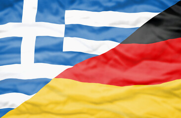 Greece and Germany mixed flag. Wavy flag of Greece and Germany fills the frame. - 605717722