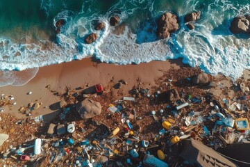 Fototapeta na wymiar AI generated Aerial wide angle top down view of beach seaside with trash