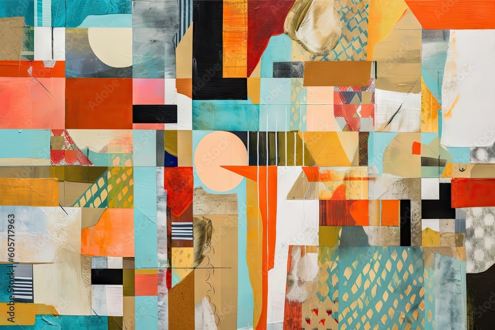 Wall mural abstract geometric art piece with pops of color and texture, created with generative ai