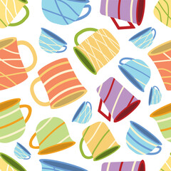 tea cups,mugs seamless pattern. ceramic, porcelain english tea decorative cups. vector cartoon flat items, cup porcelain tableware.
