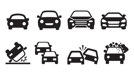 Simple car icon collection isolated on a white background. Front view symbol of auto, vehicle, automobile, Car wash, car damage, car accident, Car in line. Flat style vector illustration