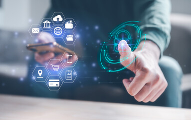 Cyber security protection information privacy  technology concept, man use smartphone digital on visual screen show padlock protecting data, password and login.