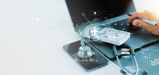 Health checkup and healthcare, medical business growth data, doctor with stethoscope and medical...