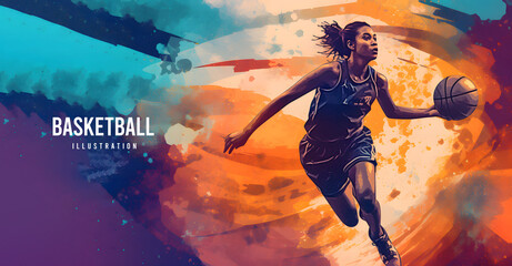 Realistic silhouette of a basketball player. Woman in action isolated on copy space background. Generative Ai illustration