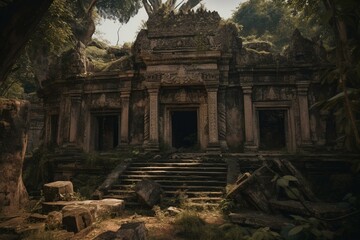 Abandoned ancient temple ruins. Generative AI