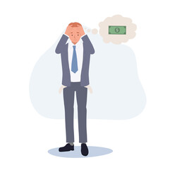 Financial crisis concept. A worried businessman who has no money left. Flat vector cartoon illustration