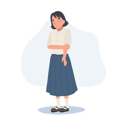 A young little school girl with sad faces. Thai primary school student girl is sad. Flat vector cartoon illustration