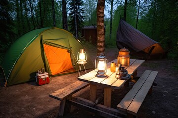 tent, lantern and flashlight on wooden table in campsite, created with generative ai - obrazy, fototapety, plakaty