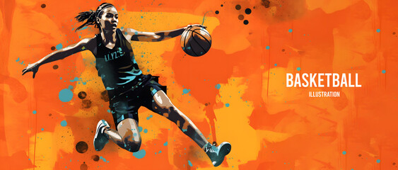 Realistic silhouette of a basketball player. Woman in action isolated on orange background. Generative Ai illustration