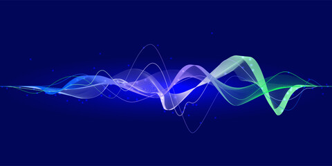 Data transmission, sound wave, technology, space transformation. Abstract green-purple-blue wave on a blue background for web design, presentation design, web banners. Vector illustration