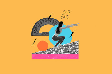 Collage image of black white gamma mini girl squat training sand beach big protractor isolated on...