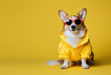 Fashionable corgi dog wearing yellow rain coat ang sunglasses, looking atcamera, over yellow background. AI generative