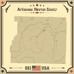 Large and accurate map of Newton County, Arkansas, USA with vintage colors.