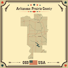 Large and accurate map of Prairie County, Arkansas, USA with vintage colors.