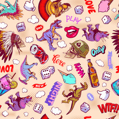 Pop Art pattern with dinosaurs, skulls, dice for print and design. Vector illustration.