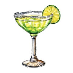Margarita Cocktail isolated on white drawn with watercolor (generative AI)