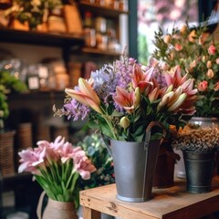 The florist shop sells a beautiful spring flower bouquet. (Generative AI)
