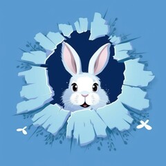 A bunny with fluffy ears peeks out of a blue wall. (Generative AI)