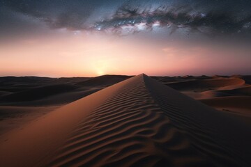 Obraz na płótnie Canvas Beautiful desert scene with rolling sand dunes against a gradient starry sky at dawn. Generative AI