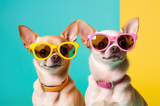 Colorful sunglass-wearing Chihuahuas for playful pet portraits