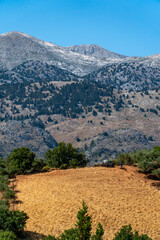 Dry farm with mountains in the background on the island of Crete, Greece.