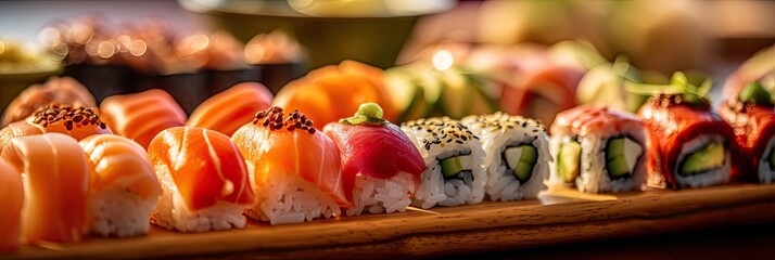 Sushi with soft lighting, presented in an elegant and captivating manner. Generative AI