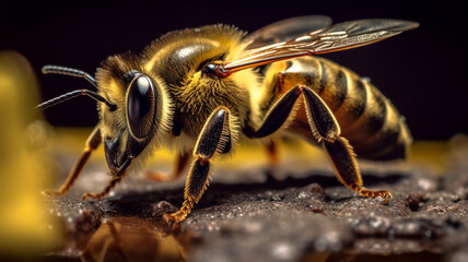 Close-up image of a bee, macro, in a honeycomb, Generated AI