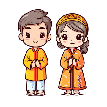 a couple of cute kids with Chinese traditional suit praying respect style 3
