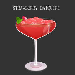 	
A glass of strawberry daiquiri cocktail with strawberries and mint leaves on a dark background. Vector illustration of summer alcoholic drink EPS10