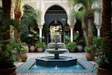 Fototapeta na wymiar An image of a beautifully decorated Moroccan Riad courtyard, featuring colorful tiles, lush plants, and a central fountain, conveying the tranquil and exotic atmosphere of the space. Generative AI