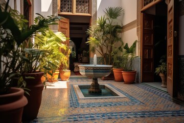 Fototapeta na wymiar An image of a beautifully decorated Moroccan Riad courtyard, featuring colorful tiles, lush plants, and a central fountain, conveying the tranquil and exotic atmosphere of the space. Generative AI
