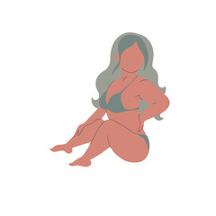 Woman wearing swimsuit sitting isolated on white background.