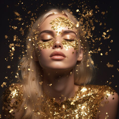 AI Generated fictional blond woman in gold glittering dress on golden glitter background, Closed...