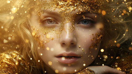 Woman on golden glitter background, Generative AI illustration. Girl with curly blond lush hair, luxury and premium illustration for advertising product design. 
