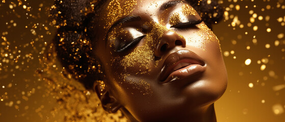 Fictitious AI Generated African American woman in gold on golden sparkling background, girl in golden dress. Luxury and premium photography for advertising product design. - 605724196