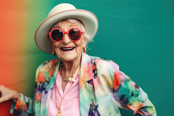 Generative AI illustration of portrait of female pensioner in sunglasses and hat smiling while chilling on summer holiday